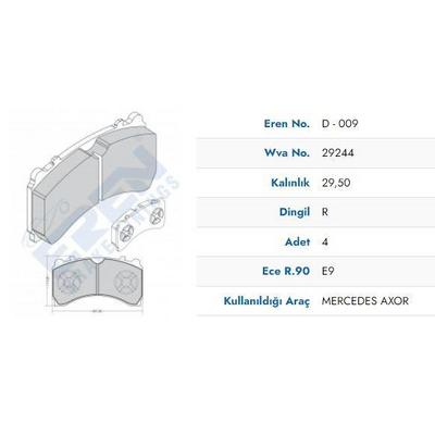 Fren Balatasi Arka M-Benz Axor Actros Mp4 10> Arocs Antos 1842 1835 1848 2036 2040 (Mavi Kutu) EREN HP D.009/1 M201