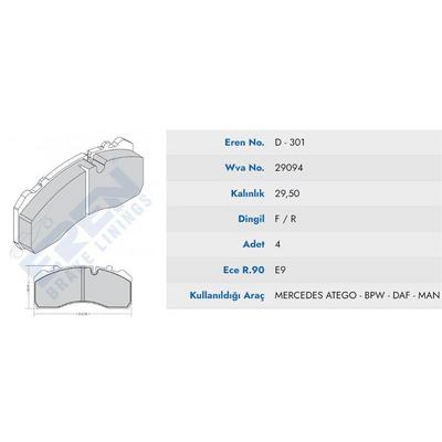 On Arka Fren Balatasi  Mercedes Atego Yayli (00-) Otokar Doruk  (Mavi Kutu) EREN HP D.301 M201