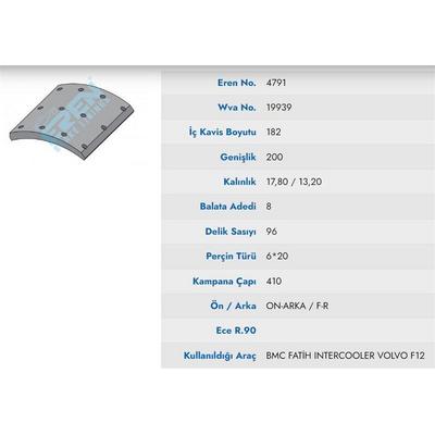 On / Arka Fren Balatasi Pabuc Bmc Dev Fatih Yeni Model, Renault Trucks, Volvo 220-26  (20 Li̇k) (S15088020) BRAKE POINT BP-4880