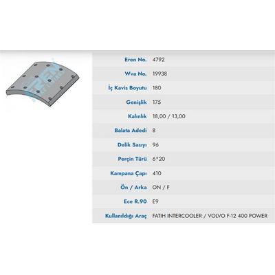 On / Arka / Ilave Dingil Fren Balatasi Pabuc Fatih Intercooler 175-25.200-26(S15088010) EREN 4792 M71
