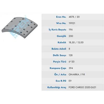 On / Arka / Ilave Dingil Fren Balatasi Pabuc Cargo Intercooler 20Cm En (Full Organi̇k) EREN 4878 M750 20 EN