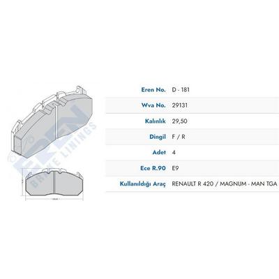 On Fren Balatasi  Renault Midlum Man  (02-) Scania  (09/95>09/04), P, G, R, T Serisi  (Mavi Kutu) EREN HP D.008/1 M201