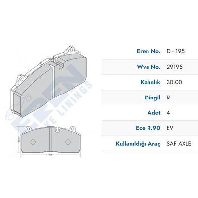 Fren Balatasi Tirsan Bpw Saf Dingil - Haldex Db22Lt (Premium) EREN PRM-D.195 M201