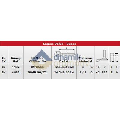 Subap Takim Emme / Egsoz P306 P405 Ym P605 Ym Xm Ii Zx Xu10J2 (2 0 8V) Olcu: (42 6×8×108 8) / (34 5×8×108 4) GUNES 4482-4483