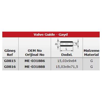 Subap Gaydi Takim (8V) Mitsubishi Fuso Canter Fe449 Fe635 Fe659 Fe839 Fe859 Cift Teker GUNES G0815-G0816