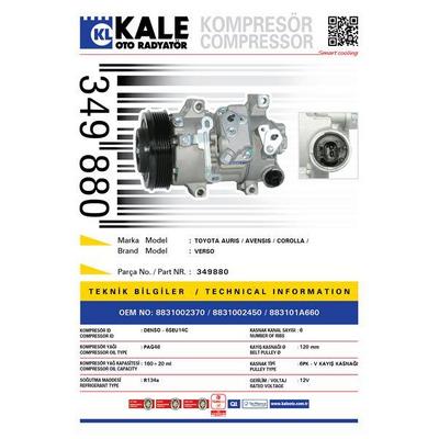 Klima Kompresoru Toyota Auris Corolla 1.6 2007-2012 Avensis 2008-> [6Pk V Kayis Kasnagi] [120Mm] KALE 349880