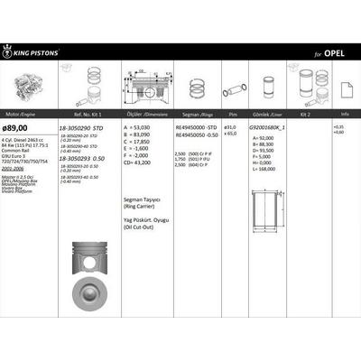 Motor Piston+Segman Master 2.5 Dci-Movano 2.5Cdti (G9U) 115Hp Euro3 (89.00Mm) / (Std) Riken Segmanli KINGPISTON 18-3050290