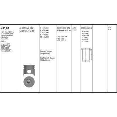 Motor Piston+Segman Kangoo Megane Laguna Trafic Scenic Vivaro Carisma 1.9Tdi F9Q (80.00Mm) / (+0.50Mm) KINGPISTON 18-8050943