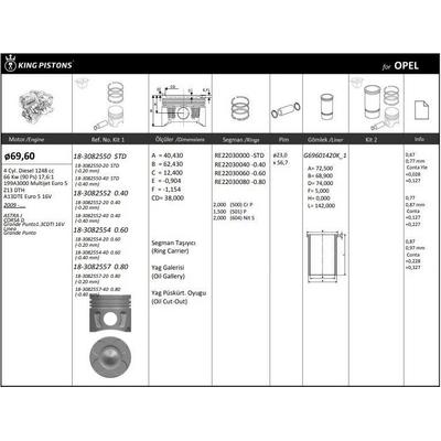 Motor Piston+Segmani (Riken) Astra J Corsa D Grande Punto1.3Cdti 16V Linea Grande Punto 199A3000 Multijet - Z13 Dth-A13Dte 16V 4 Sil. Dizel 1248 Cc-66 Kw 90Ps (Euro 5) [(69 60Mm) (+0.40Mm) (-0 20Mm Kisa)] KINGPISTON 18-3082552-20