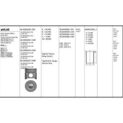 Motor Piston+Segmani (Riken) Agila 1.3 Corsa 1.3 Meriva 1.3 Tigra 1.3 Albea 1.3 Multijet Doblo 1.3 Multijet Palio 1.3 Multijet Suzuki 1.3 Multijet Z 13Dt 4 Sil. Dizel 1248 Cc-70 Ps 18:1-Turbo  Common Rail (Euro4) [(69 60Mm Std) (-0.20Mm Kisa)] KINGPISTON 1