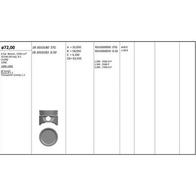 Motor Piston+Segmani ( Riken )  72 00+Stdmm Cap Corsa-B 1.2 Transporter Combo 1.2 C12Nz-12Nz R 4 Petrol  1200 Cm³-33 Kw (45 Hp)  9:1 8 Ventil KINGPISTON 18-3010180