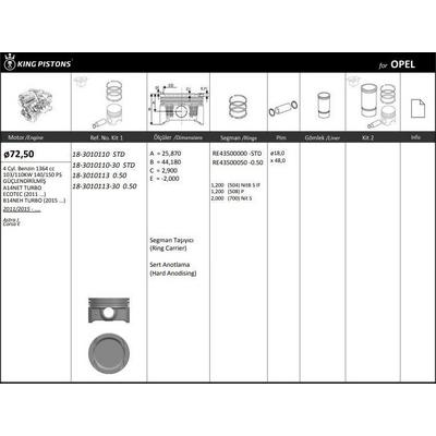 Motor Piston+Segmani ( Riken )  72 50+0 50Mm Cap Astra J Corsa E Segman Tasiyicili-A14Net Turbo-Ecotec (2011 ...)-B 4 Sil. Benzinli 1364 Cc-103/110Kw 140/150 Ps KINGPISTON 18-3010113