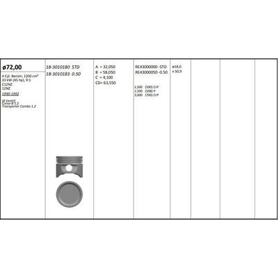 Motor Piston+Segmani ( Riken )  0.50 (72 50Mm Cap) Corsa-B 1.2 Transporter Combo 1.2 C12Nz-12Nz R 4 Petrol  1200 Cm³-33 Kw (45 Hp)  9:1 8 Ventil KINGPISTON 18-3010183