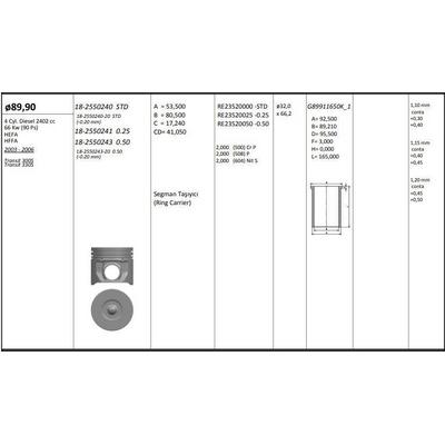 Motor Piston+Segmani ( Riken )  89 90+Stdmm Cap Transit 300S Transit 330S Hefa-Hffa 4 Sil. Dizel 2402 Cc-66 Kw (90 Ps) KINGPISTON 18-2550240