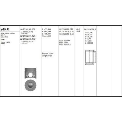 Motor Piston+Segmani ( Riken )  89 91+Stdmm Cap Transit 2 4 Tdi 2006> V348 Tdci 4 Sil. Dizel 2400 Cc-100 Ps KINGPISTON 18-2550250