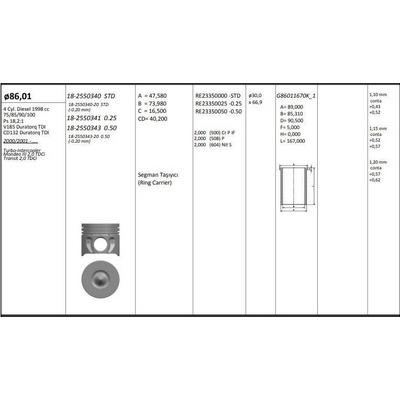 Motor Piston+Segmani ( Riken )  86 01+Stdmm Cap Turbo-Intercooler Mondeo Iii 2 0 Tdci Transit 2 0 Tdci V185 Duratorq Tdi-Cd132 Duratorq Tdi 4 Sil. Dizel 1998 Cc-75/85/90/100-Ps 18 2:1 KINGPISTON 18-2550340