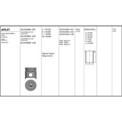 Motor Piston+Segmani ( Riken )  93 67+Stdmm Cap Transit 2 5 4Eb-4Ec-D25T 4 Sil. Dizel 2496 Cc-76 Ps KINGPISTON 18-2550970