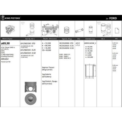 Motor Piston+Segmani ( Riken )  89 90+Stdmm(-20) Cap Transit 2 4 Tdi Sxfa-Svfb-V 348 Duratorq-(Cooling Channel) 4 Sil. Dizel 2400 Cc-115 143 Ps KINGPISTON 18-2582330-20