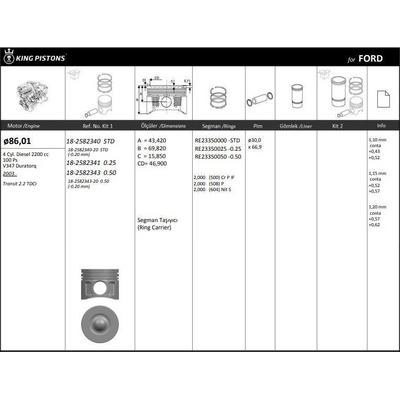 Motor Piston+Segmani ( Riken )  86 01+Stdmm(-20) Cap Transit 2.2 Tdci V347 Duratorq 4 Sil. Dizel 2200 Cc-100 Ps KINGPISTON 18-2582340-20