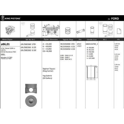 Motor Piston+Segmani ( Riken )  86 01+0 50Mm Cap Mondeo 2.2 Tdci Transit 2.2 Tdci Cd132 Duratorq Tdci 4 Sil. Dizel 2200 Cc-150 Ps KINGPISTON 18-2582363