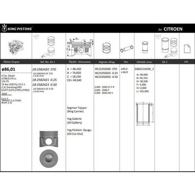 Motor Piston+Segmani ( Riken )  86 01+0 50Mm(-20) Cap Euro 5 Transit 2.2 (Yeni) Boxer 2.2L 2.2L Duratorg/Hdi-(Cuff Cuf5 Cvr5 Uyrg) 4 Sil. Benzinli-2198/2179 Cc-155 Ps-74 Kw (100 Ps) KINGPISTON 18-2582423-20