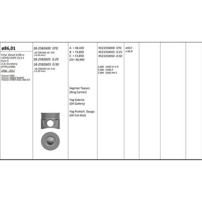 Motor Piston+Segmani ( Riken )  86 01+Stdmm Cap Transit 330S Transit 350M/350Mf Transit 370M-410L-460 Ed 2.2L Duratorq-(Cyfs U5R6) 4 Sil. Dizel 2198 Cc-125Ps/135Ps 15 5:1-Euro 5 KINGPISTON 18-2582600