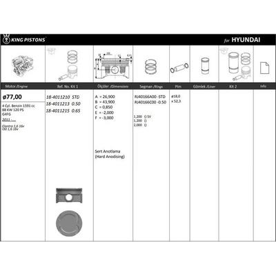 Motor Piston+Segmani ( Riken )  77 00+Stdmm Cap Elantra - Cerato 1.6 G4Fg G4Fg 4 Sil. Benzinli 1591 Cc 88 Kw 120 Ps 11-> KINGPISTON 18-4011210