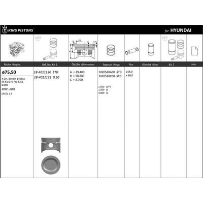 Motor Piston+Segmani ( Riken )  76 00+0 50Mm Cap Excel 1.5/Lancer 1.5 G15B 4 Sil. Benzinli 1468 Cc 56 Kw (76 Ps) 8 5:1 90-94 KINGPISTON 18-4011123