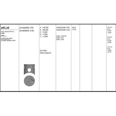 Motor Piston+Segmani ( Riken )  91 10+Stdmm Cap H100 2.5Td H1 2.5Tdi 21-1 57-59Kw 78-80Ps D4Bb 4 Sil. Dizel 2477 Cc 94-> KINGPISTON 18-4050040