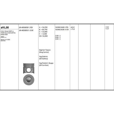 Motor Piston+Segmani ( Riken )  91 00+Stdmm Cap Sorento Starex 2.5 Crdi D4Cb Crdi 4 Sil. Dizel 2497 Cc 103 Kw (140 Ps) 19 3:1 02-> KINGPISTON 18-4050050