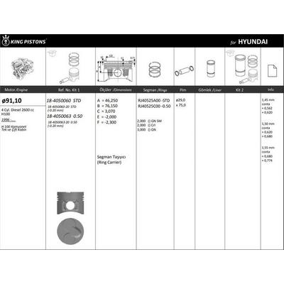 Motor Piston+Segmani ( Riken )  91 10+Stdmm Cap H2600  4 Sil. Dizel 2600 Cc 96-> KINGPISTON 18-4050060