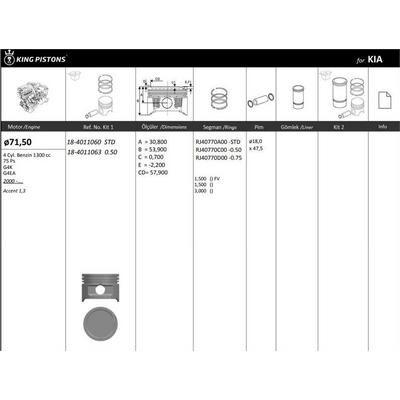 Motor Piston+Segmani ( Riken )  71 50+Stdmm Cap Accent 1 3 Milenyum G4K 4 Sil. Benzinli 1300 Cc 75 Ps 00-> KINGPISTON 18-4011060
