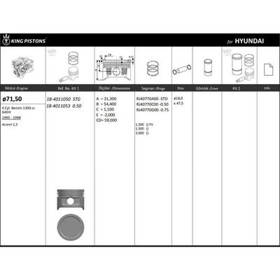 Motor Piston+Segmani ( Riken )  71 50+Stdmm Cap Accent 1 3 G4Eh 4 Sil. Benzinli 1300 Cc 95-98 KINGPISTON 18-4011050