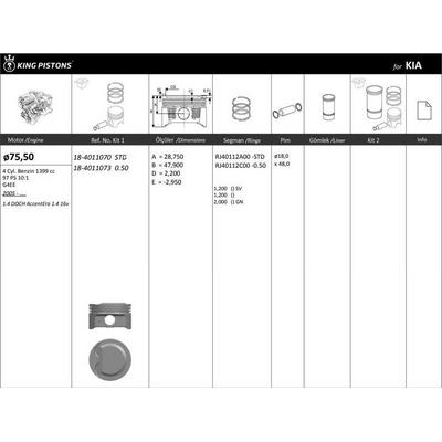 Motor Piston+Segmani ( Riken )  76 00+0 50Mm Cap Accent Era 1.4 16V 1.4 Doch G4Ee 4 Sil. Benzinli 1399 Cc 97 Ps 10:1 05-> KINGPISTON 18-4011073