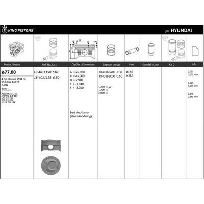 Motor Piston+Segmani ( Riken )  77 50+0 50Mm Cap Accent-Elantra  I30  I20  Ix 35 G4Fd 4 Sil. Benzinli 1591 Cc 95.6 Kw 140 Ps  1.6 16V 10-> KINGPISTON 18-4011193