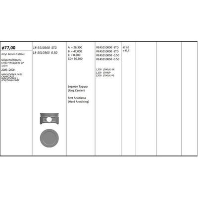Piston + Segman 0.50Mm (77 50Mm) Guclendirilmis Mini W10 R52 R53 KINGPISTON 18-5510363