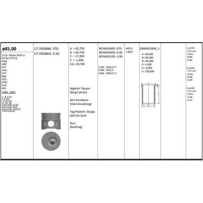 Piston+Segman (81 01Mm Std (5 Silindir Motorun 1  2  Pistonlari) Lt28 / 35 / 46 Transporter T4 2 5Tdi Acv Agx Ahd Ahy Ajt Anj Apa Auf Axg Axl Ayc Ayy Bbe Bbf 96>06 KINGPISTON 17-7050840