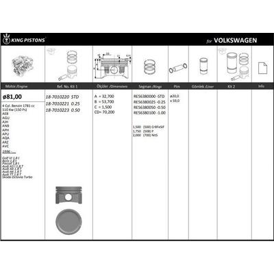Piston+Segman (81 51Mm 0 50) Golf Iv Bora A3 A4 A6 Tt Alhambra Cordoba Ibiza Iii Leon Toledo Ii Octavia Beetle Passat Sharan 1 8T (150 / 152 / 156 / 180 Ps) Aeb Agu Ajh Ajl Ajq Anb Aph App Apu Aqa Aqx Ark Arz Avc Awc Awd Ayp 95>10 KINGPISTON 18-7010223
