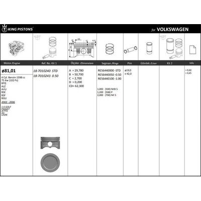 Piston+Segman (81 01Mm Std) Caddy Iii Golf V / Vi / Plus Jetta Iii Beetle Passat Touran A3 A4 Altea Leon Toledo Iii Octavia 1 6 (100 / 101 / 102 Ps) Ahl Alz Ana Avu Ayd Bfq Bfs Bgu Bse Bsf Chga 00>15 KINGPISTON 18-7010240