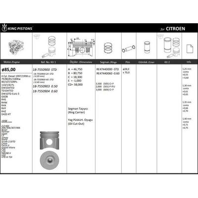 Motor Piston Segman P206 P307 P406 Partner Ii Scudo Ii Expert Ii Jumpy Ii Berlingo Ii C5 2 0Jtd Dw10Td (2 0Hdi 8V) / (85 00Mm) / (Std) KINGPISTON 18-7550900