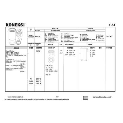 Motor Piston+Segmani Astra J Corsa D Grande Punto1.3Cdti 16V Linea Grande Punto 199A3000 Multijet - Z13 Dth-A13Dte 16V 4 Sil. Dizel 1248 Cc-66 Kw 90Ps (Euro 5) [(69 60Mm +0 40Mm)] KONEKS 208712