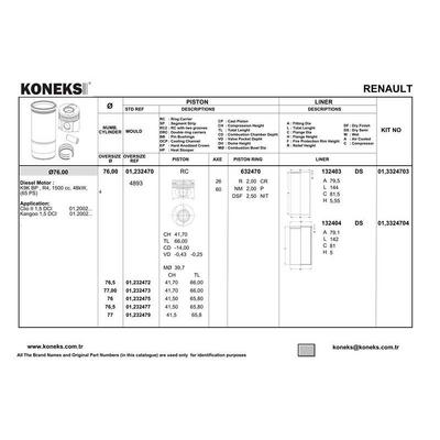 Motor Piston+Segman Clio Kangoo (Pim Capi 26Mm) (1.5 Dci K9K Bp) [(76.00Mm Std)] KONEKS 232470