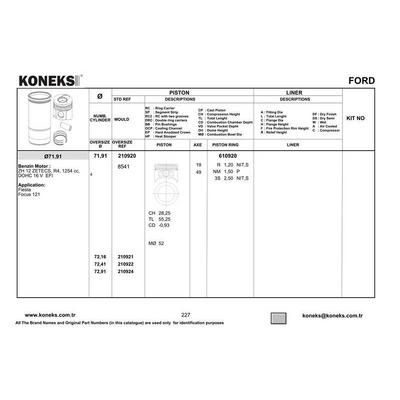 Motor Piston Segman Fiesta Cb1 08>12 1.25 Efi 16V Zetec- Fiesta Ccn 12>17 1.25 Efi 16V Zetec- Fiesta Ccn 12>17 1.25 Efi 16V Zetec 71.91 Mm KONEKS 210922