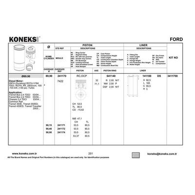 Piston + Segman 89 9Mm Std Transit V184 - 2.4 Tdci / 130 Ps KONEKS 241170