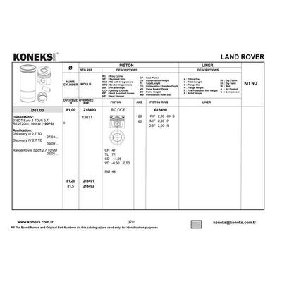 Piston + Segman 81Mm  Std (276Dt Euro 4 Tdv6 2.7) Discovery 3  07/04 Discovery 4 09/09 Sport 2.7 KONEKS 218490