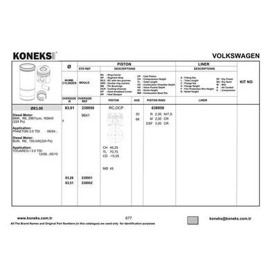 Piston+Segman (83 01Mm Std) Phaeton A4 A6 A8 Q7 Touareg 3 0Tdi (204 / 211 / 224 / 225 / 233 Ps) Asb Bkn Bks Bmk Bng Bug Bun 03>10 KONEKS 238950