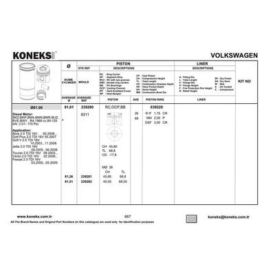 Piston+Segman (81 01Mm Std) 2 0 Tdi Caddy Iii Eos Golf V / Plus Jetta Iii Passat Touran A3 A4 A6 Lancer Altea Leon Toledo Iii Octavia Superb Bkp Azv Bkd Blb Bma Bmm Bmn Bmr Bna Bre Brf Buy Buz Bvg 03>> KONEKS 239280