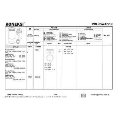 Piston+Segman (76 51Mm Std) Golf Iv Bora Toledo Ii Leon 1 6 16V 105Ps Bcb Azd Aus Atn 00>06 KONEKS 239550