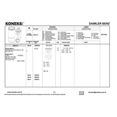 Piston + Segman Std. (Om646.9  88 01Mm  30 Pim) W203 00>07 C209 05>09 W211 02>08 Vito W639 03> Sprinter 00>09 KONEKS 206530