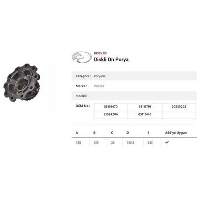 Dingil Poryasi Ön Teker Diskli Frezeli Volvo Fh-Fm KURTSAN KP.05.08